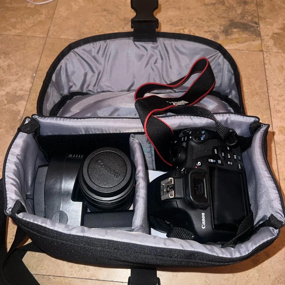 Canon Black and Gray Camera Bag with DSLR and Lens